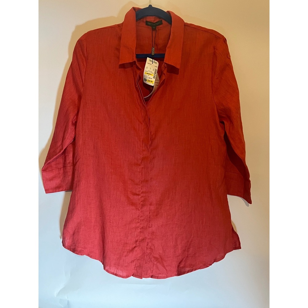 Lagenlook‎ Teacher Casual Dark Coral 100% Linen 3/4 Sleeve Button Tunic Large